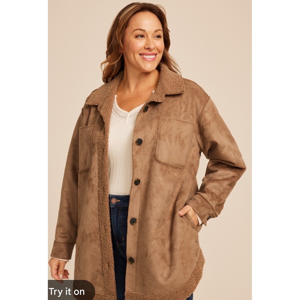 Maurices Womens Brown Faux Suede Sherpa Lined Shacket Jacket Large L